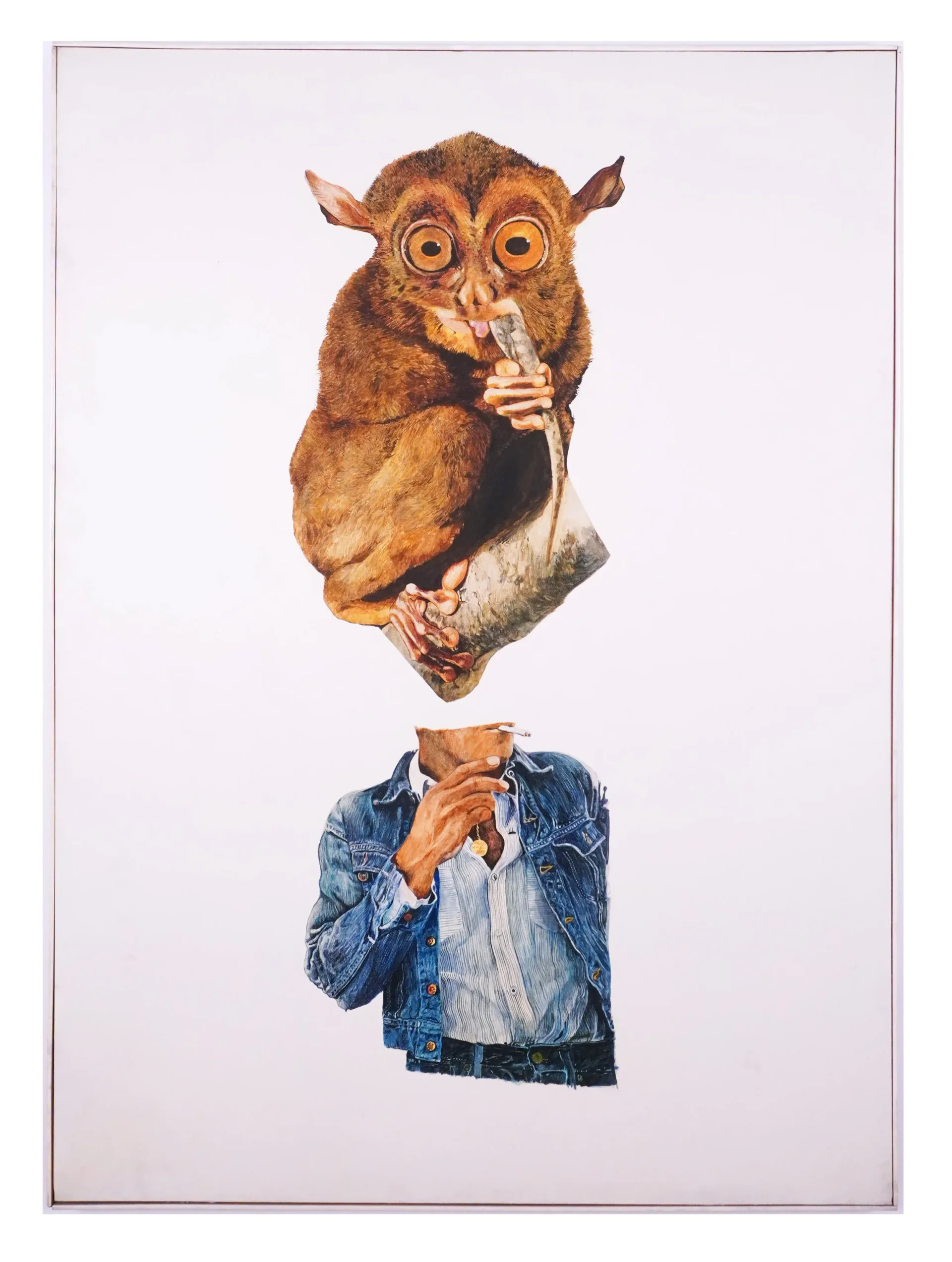 Mixed-media collage featuring a brown owl with large eyes holding a cigarette above a figure in denim jacket with hands at chest against pale background.