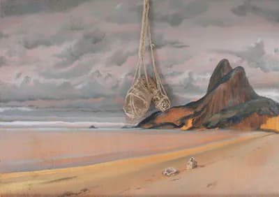 Surreal landscape painting featuring a massive woven basket-like structure on a beach with dramatic clouds and an orange-glowing rocky formation.