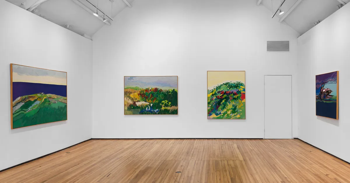 Gallery interior at Nathalie Karg Gallery with four framed paintings displayed on white walls and wooden flooring.