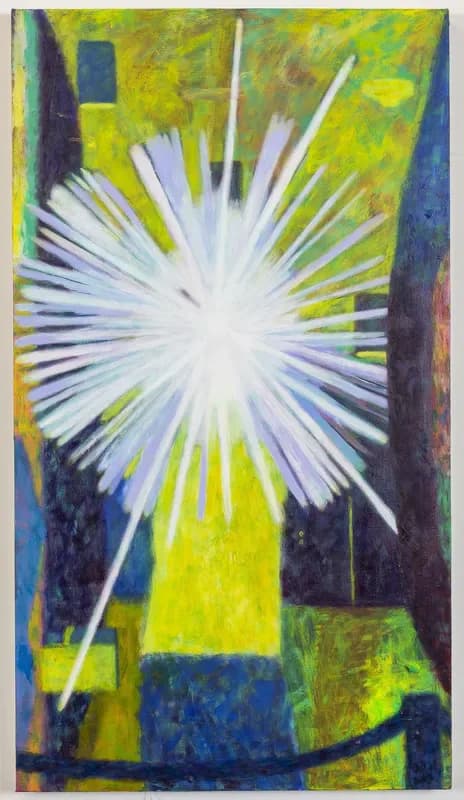 Painting with bright yellow-green background and white radiating starburst center, accented with dark blue and navy tones.