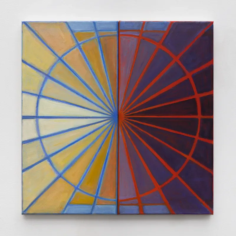 Geometric painting divided vertically: left side yellow with blue grid lines, right side dark with red radial lines converging at center.