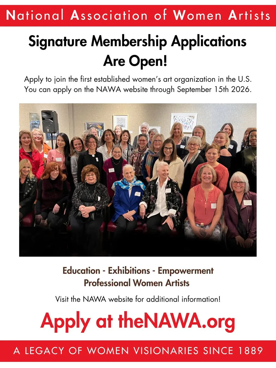Red and white promotional flyer announcing National Association of Women Artists Signature Membership Applications open through September 15, 2026, featuring a group photo of women artists.