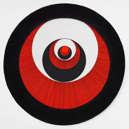 Concentric circles artwork in black and red with radiating linear texture creating target-like composition.