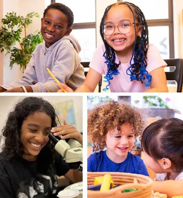 Four smiling children of diverse backgrounds in a grid layout, engaged in creative activities including drawing and using art materials.