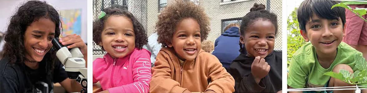 Five smiling children of diverse backgrounds in a horizontal row, appearing engaged and happy in an informal group portrait.