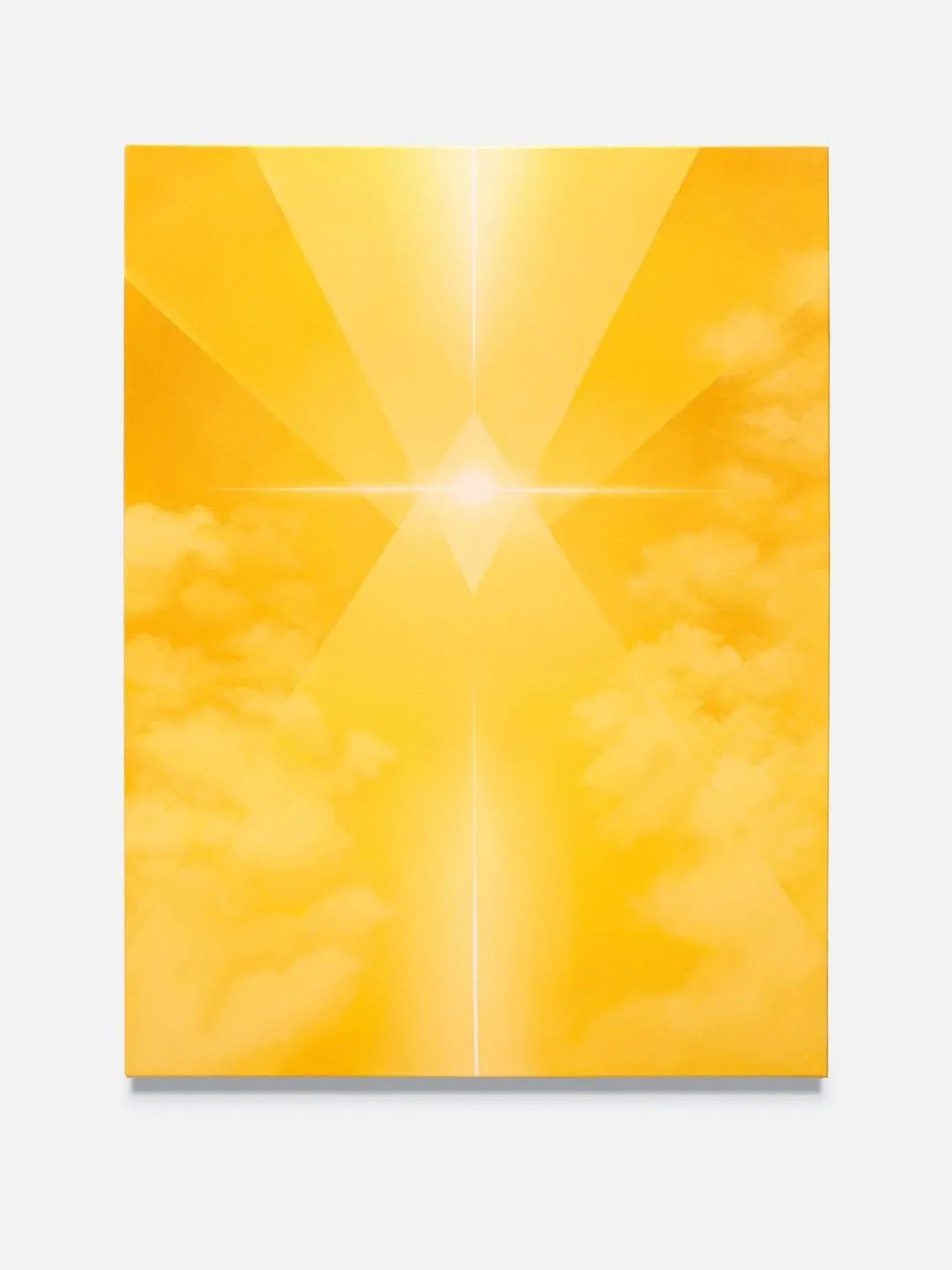 Abstract painting with radiant yellow and gold tones emanating from a bright center point, creating a cross-like geometric composition.
