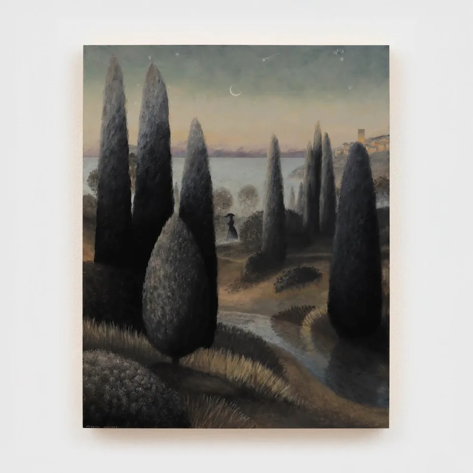 Painting depicting tall cypress trees in a twilight landscape with a crescent moon, water, and figures in muted earth tones and grays.
