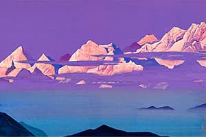 Snow-capped mountain peaks at sunset rendered in warm golds and pinks above a deep blue valley beneath a purple sky.