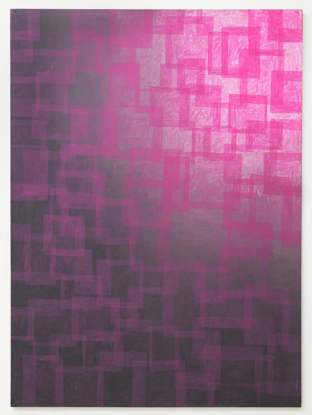 Abstract mixed-media painting with overlapping rectangular forms in shades of pink, magenta, and black, transitioning from lighter tones at top to darker at bottom.