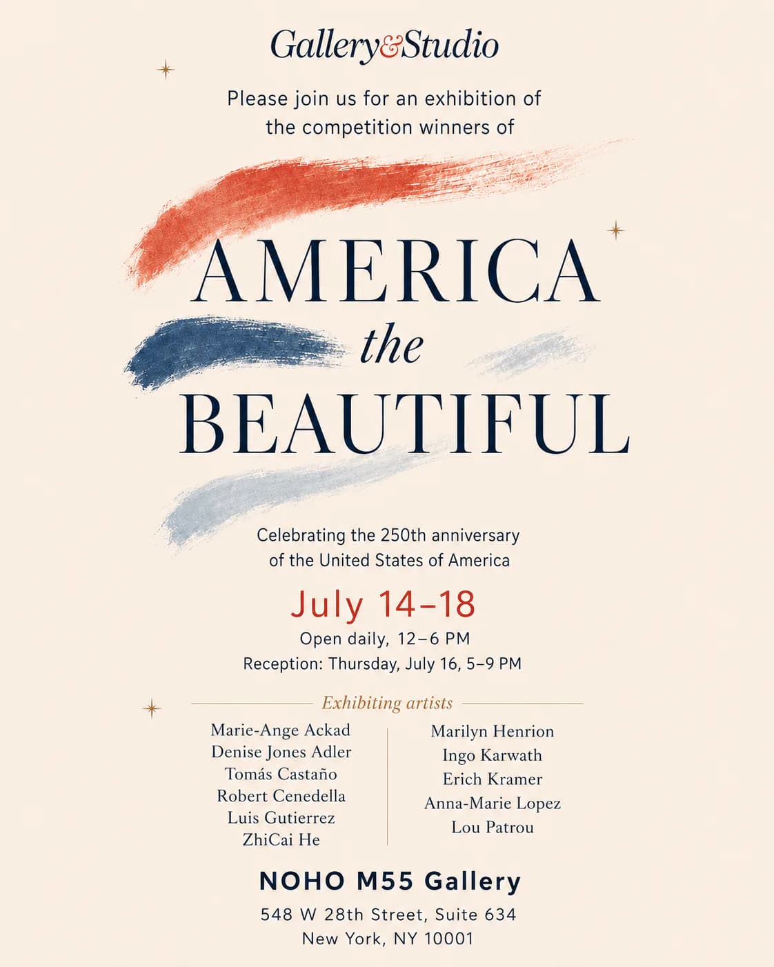 Exhibition poster for "America the Beautiful" at NOHO M55 Gallery, July 14–18, featuring red, blue, and gray brushstrokes and listing 12 exhibiting artists.