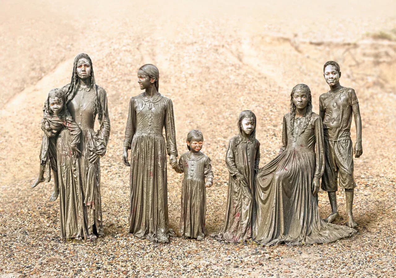 Bronze sculptural figures of varying heights arranged in a line on sandy ground, depicting a family group rendered in classical style.
