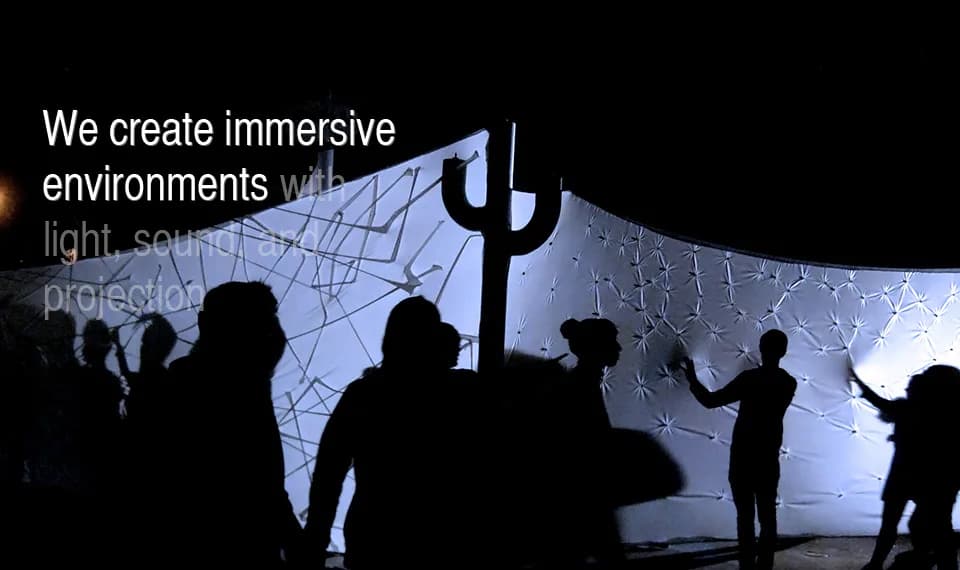 Silhouetted crowd interacting with a glowing web-like sculptural structure and a cactus-shaped form at a nighttime Nuit Blanche New York event.