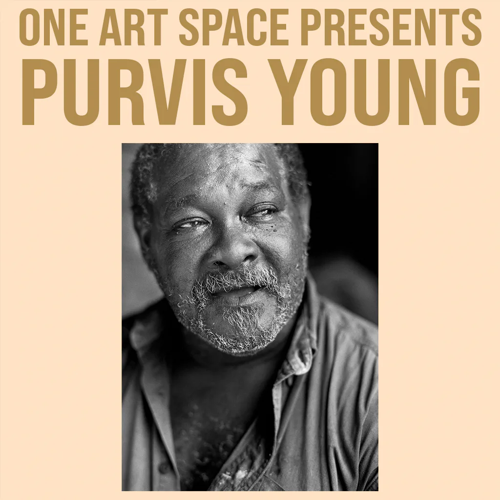 Black and white portrait photograph of Purvis Young, bearded man with serious expression wearing collared shirt, text above reads 'ONE ART SPACE PRESENTS PURVIS YOUNG'.