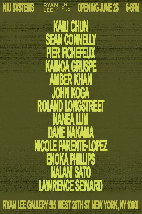 Exhibition announcement poster with yellow text on olive-green background listing artist names and event details for Ontopo gallery opening June 25.