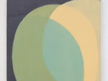 Abstract painting with overlapping translucent circles in sage green, pale yellow, and turquoise on dark blue background.