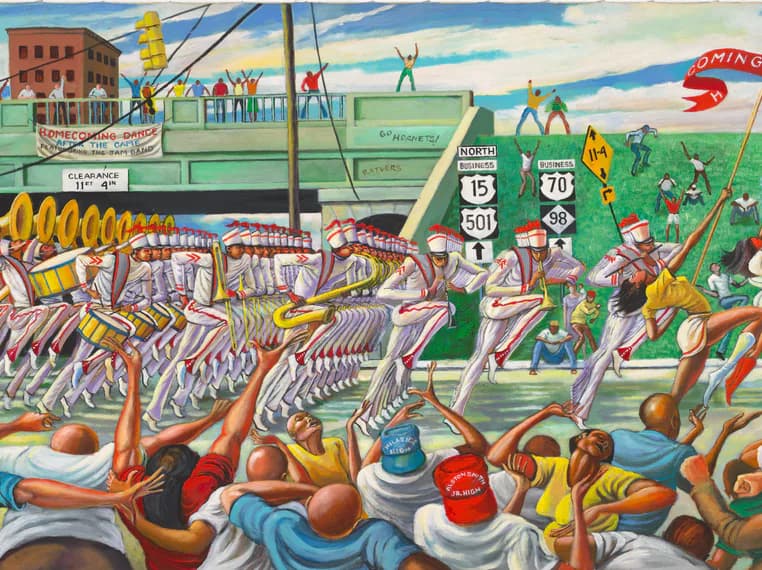 Social Realist mural depicting a carnival or fair scene with stylized figures in pink, yellow, and green, painted in WPA style with roadside Americana imagery.