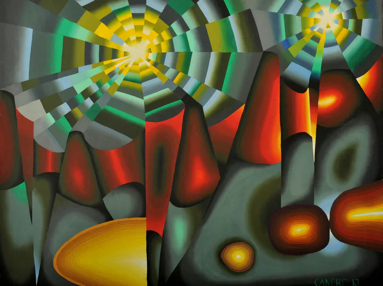 Abstract geometric painting with concentric yellow circles at top, layered red and green forms below, rendered in oil with strong dimensional, sculptural quality.