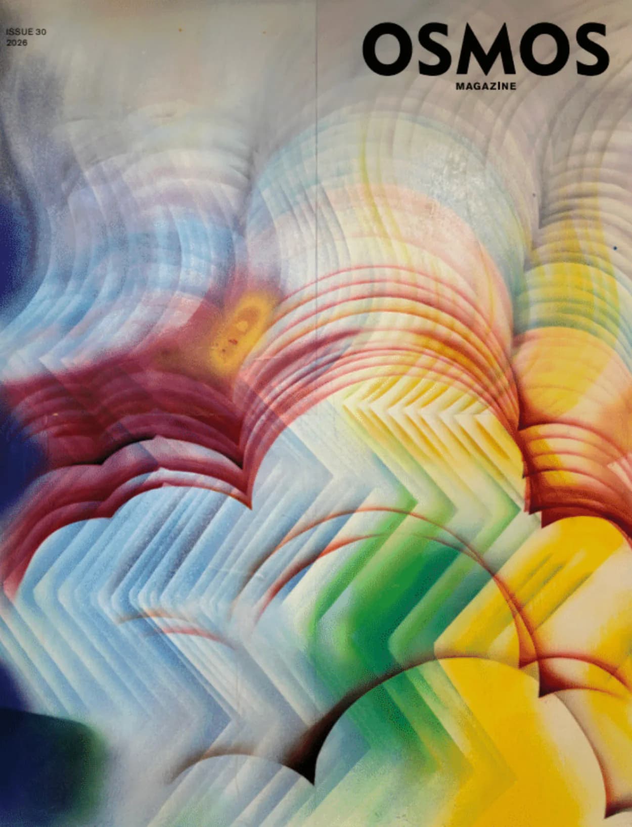 Osmos Magazine Issue 30, 2025 cover featuring abstract concentric waves in rainbow and blue tones.