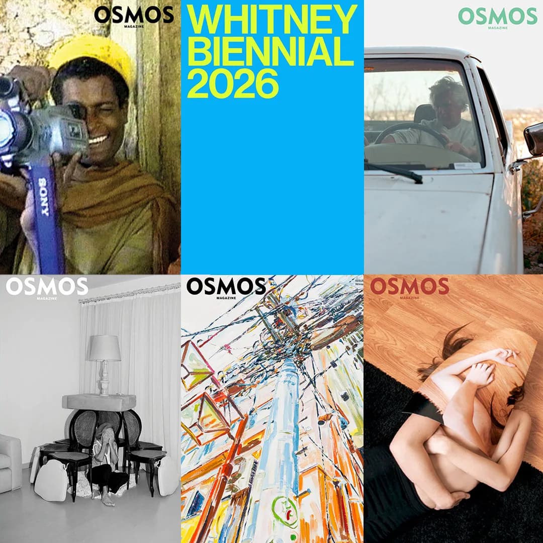 Osmos Whitney Biennial 2026 promotional grid with six diverse images: portrait, vehicles, sculpture, installation, and hands.