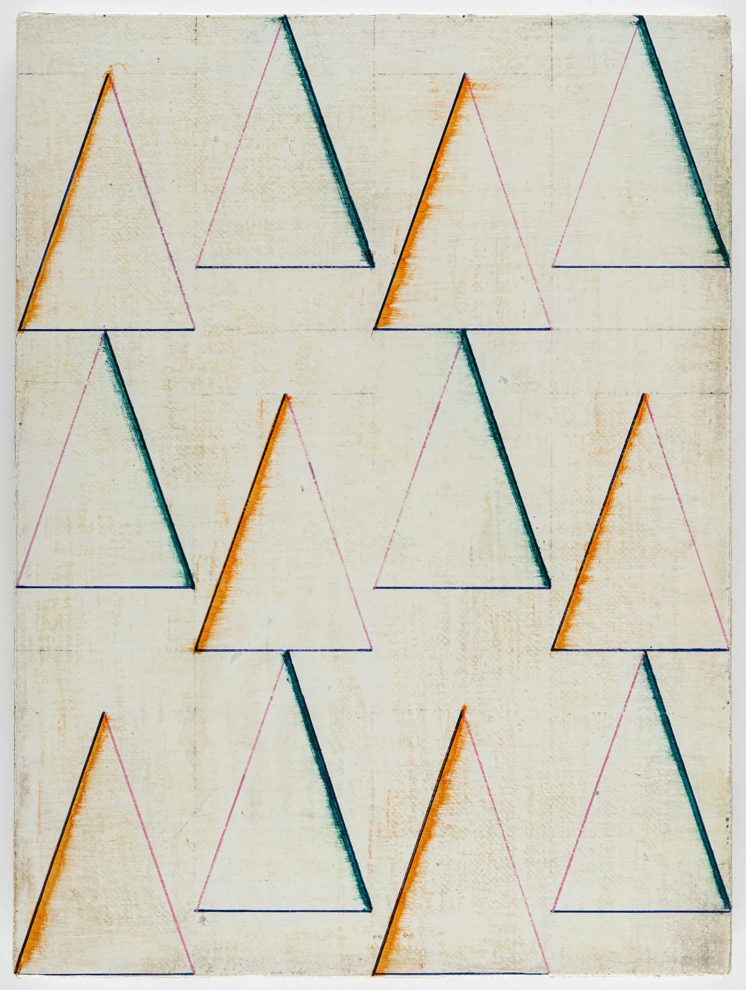 Mixed-media work on cream paper featuring grid of outlined triangles with colored tape accents in orange, teal, and pink.