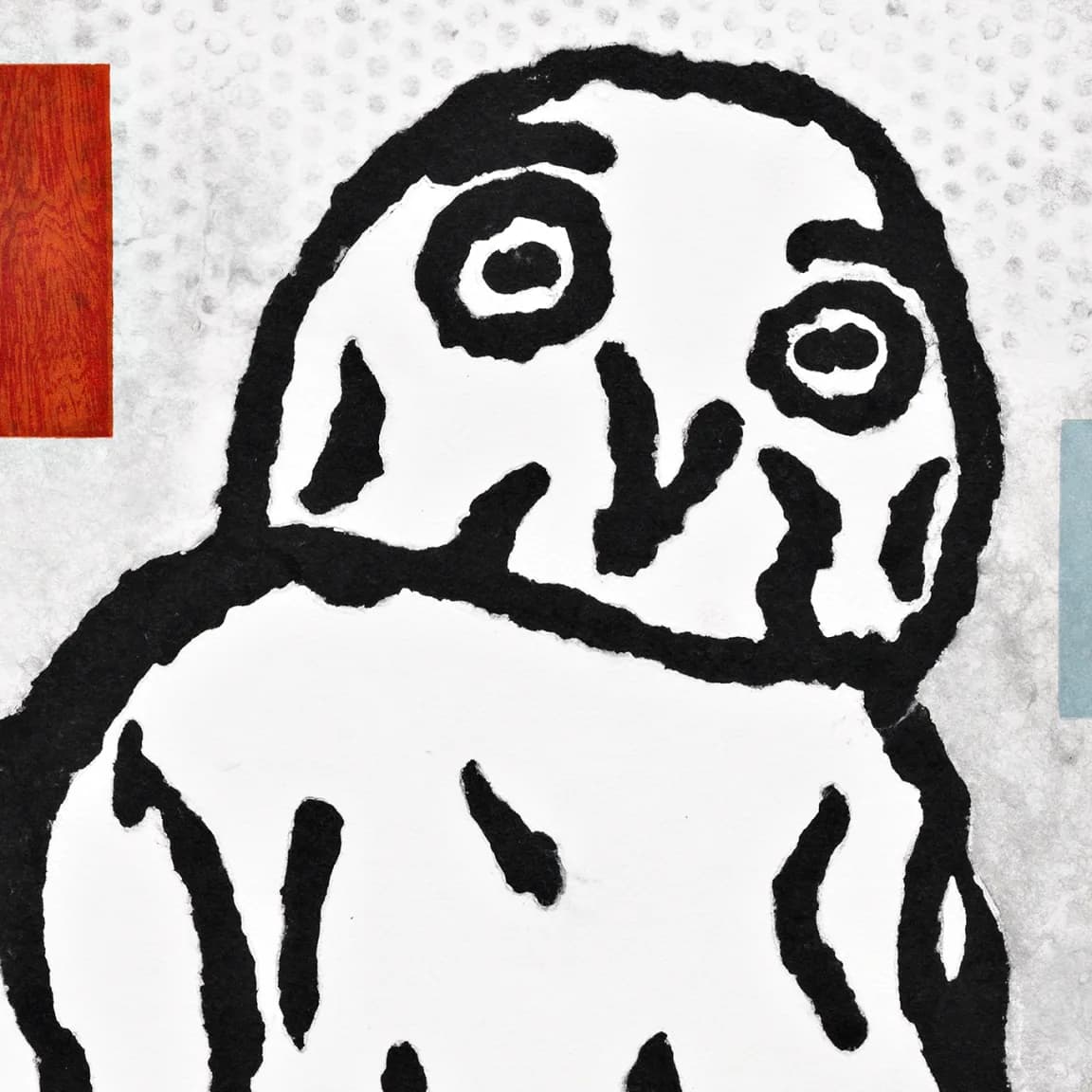 Black ink drawing on textured white paper depicting a stylized figure with large circular eyes and geometric body forms, with red and blue color accents at edges.