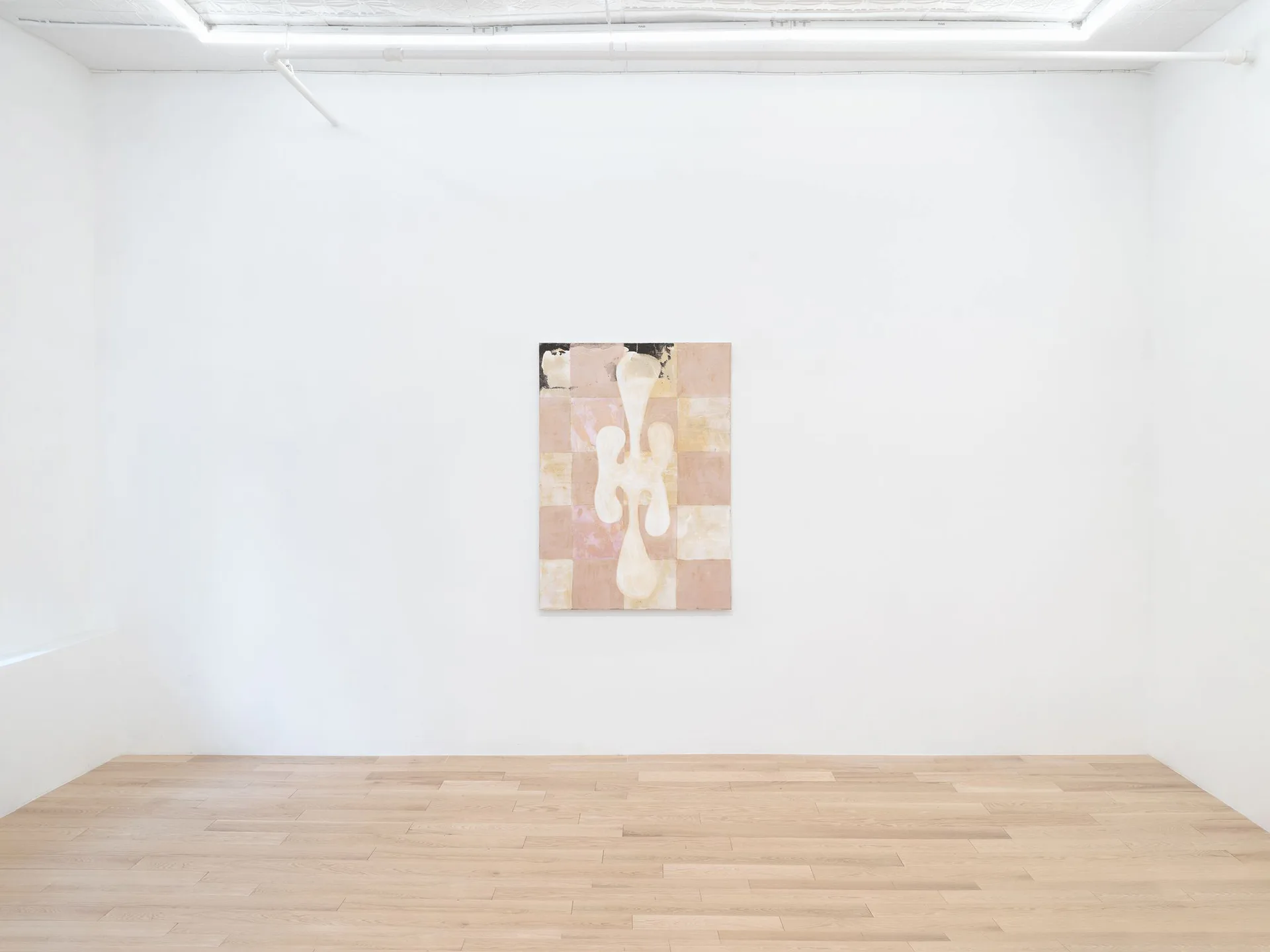 Minimalist gallery room with pale wood floor and white walls, single pink and cream abstract painting centered on wall.