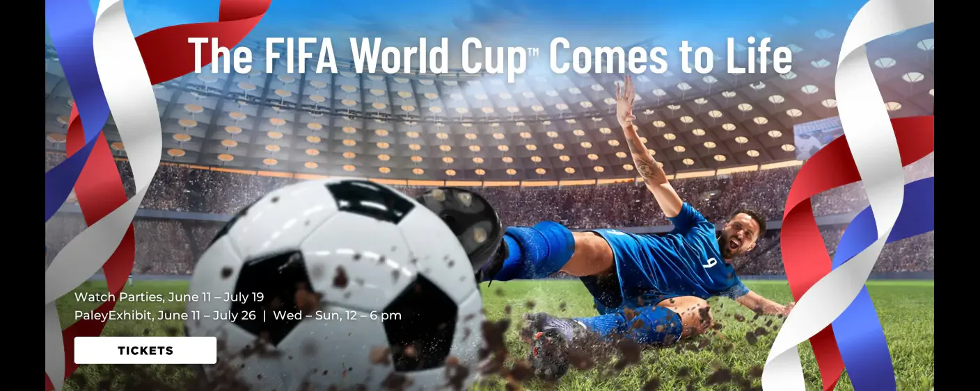 Promotional poster for FIFA World Cup event featuring soccer player in stadium with French flag ribbons and tickets button.