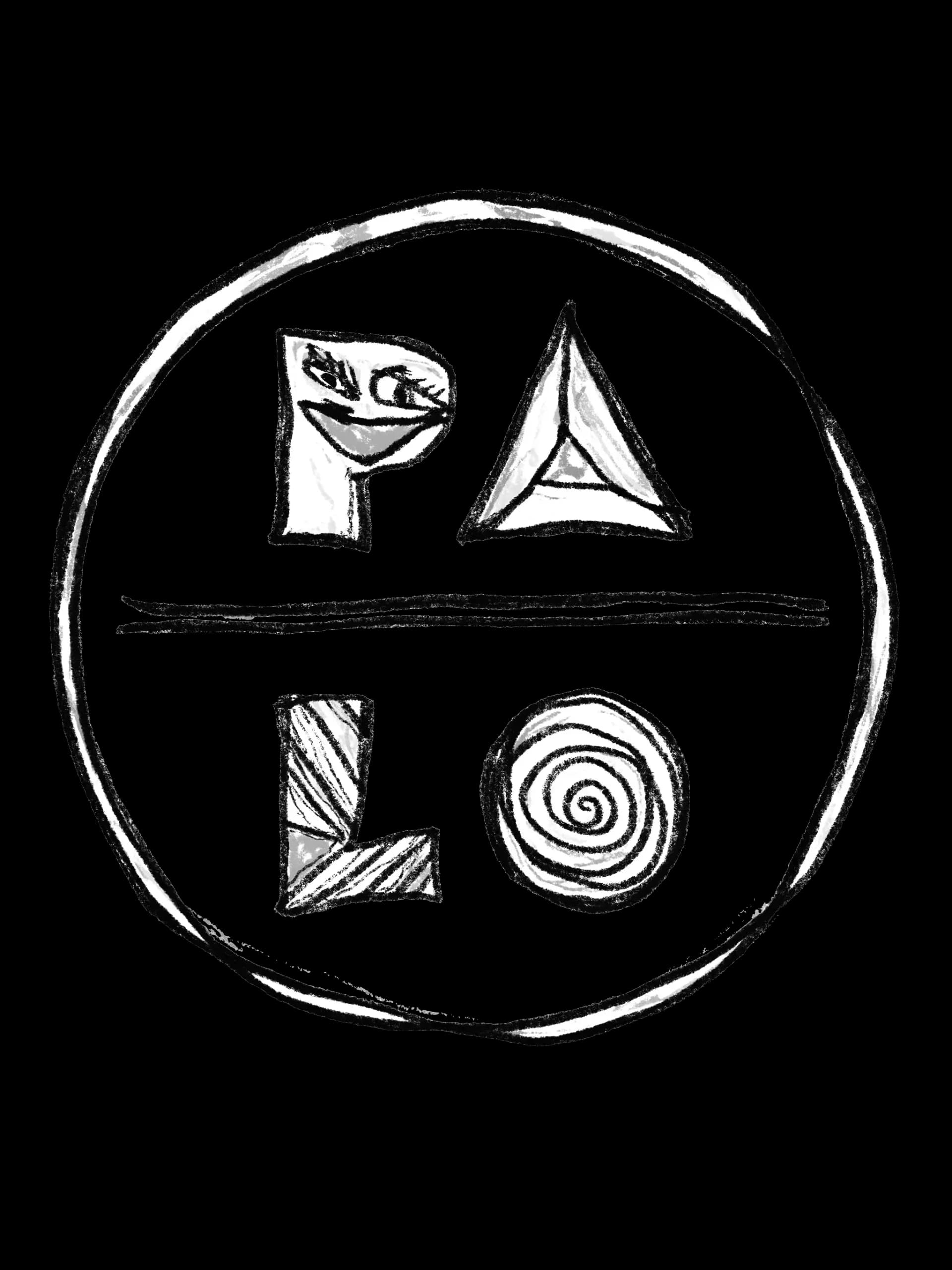 Hand-drawn circular symbol divided into quadrants containing stylized line drawings: a face, triangle, angular form, and spiral.