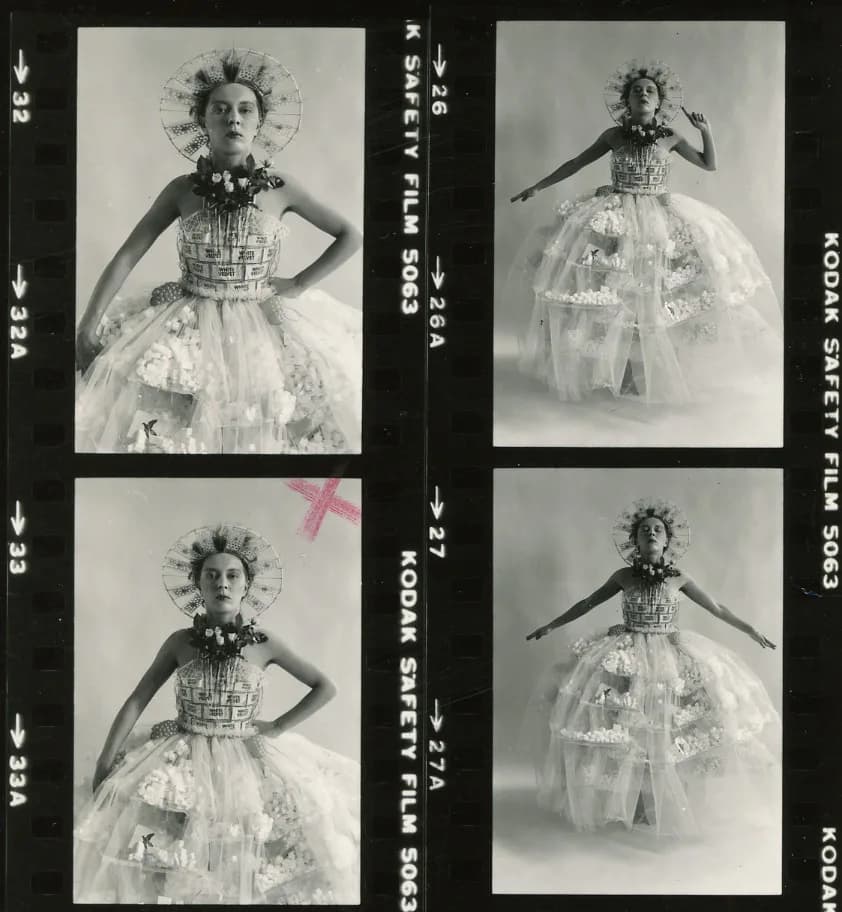 Black and white contact sheet showing four photographs of a performer in an elaborate costume with geometric patterns, wide collar, and spiked headdress, posed in dynamic stances.