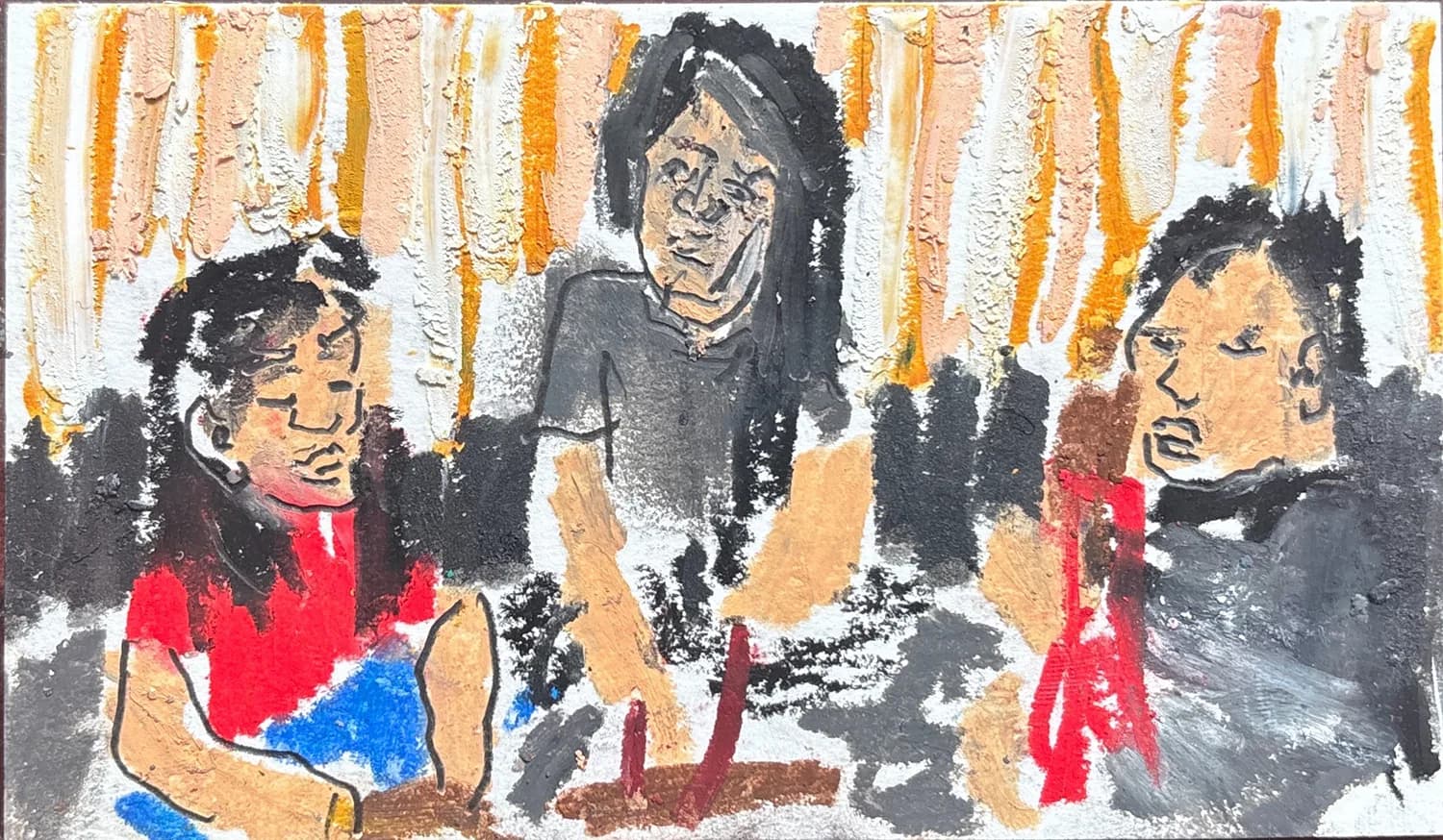 Expressionist painting or mixed-media work depicting three figures wearing red accents against orange and cream striped background, rendered in loose gestural brushwork.