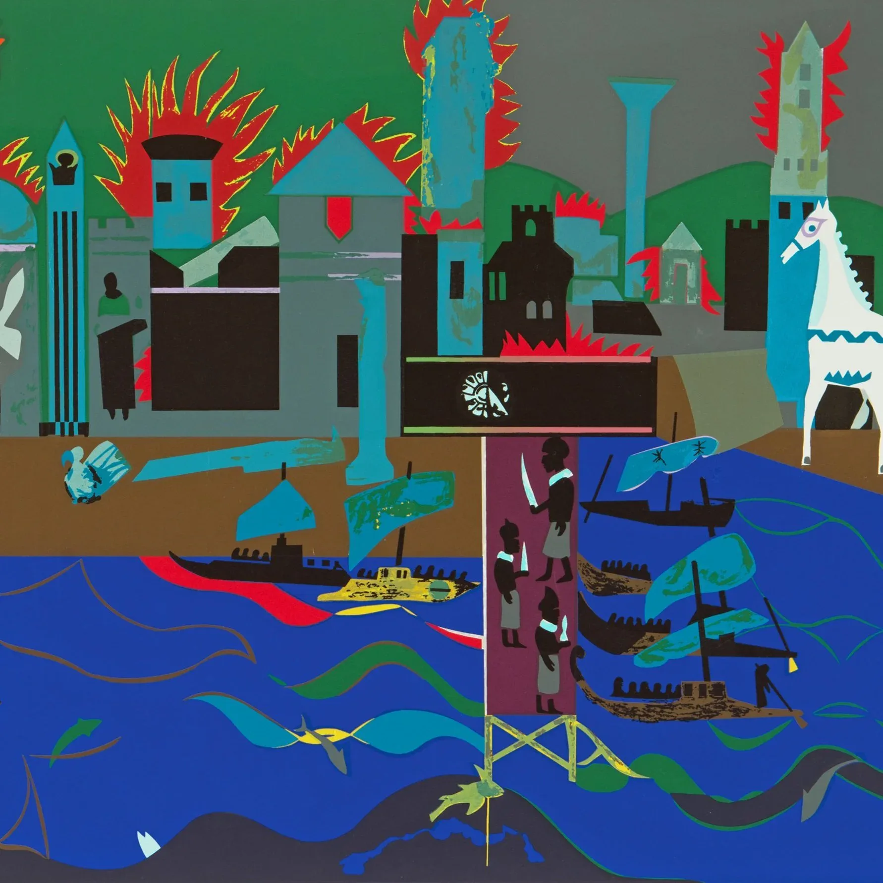 Vibrant colorful illustration depicting a fantastical city with red and teal buildings above underwater vessels and sea creatures in blue water.