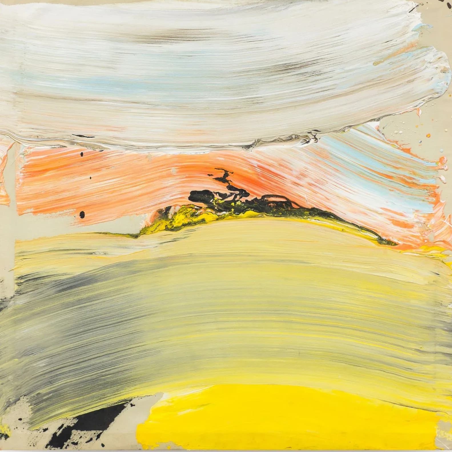 Abstract landscape painting with horizontal brushstrokes in cream, yellow, orange, and blue tones suggesting a horizon or sky.