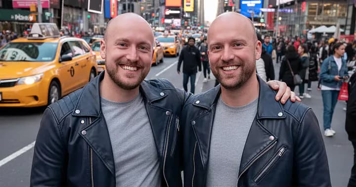Two bald men smiling at camera wearing matching dark leather jackets over gray shirts, busy urban street with yellow taxis.