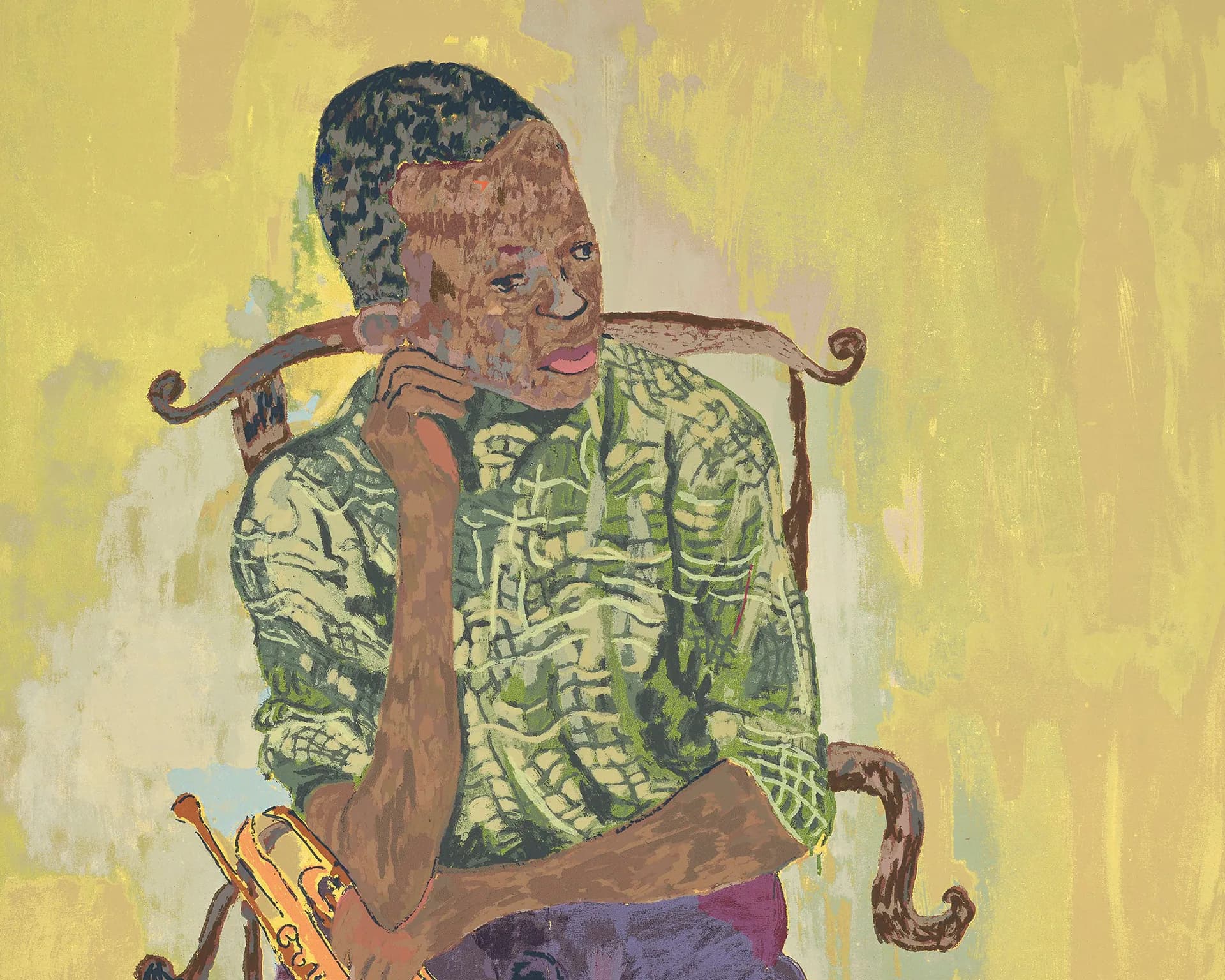 Portrait painting of seated figure with tattooed upper body, green patterned shirt, against pale yellow background, hand raised to face.