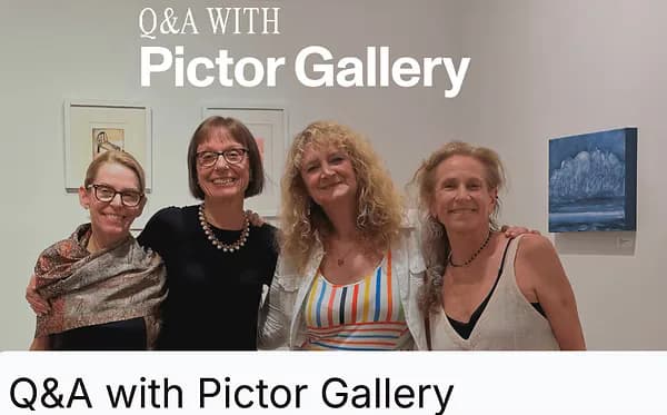 Four women standing together in a gallery space with artwork visible on the wall behind them, labeled 'Q&A with Pictor Gallery'.