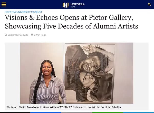 Woman standing in Pictor Gallery next to a framed black-and-white portrait photograph on the wall, with article headline about 'Visions & Echoes' exhibition.