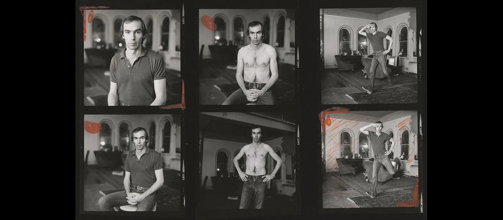 Contact sheet of six black-and-white photographs showing a male figure in various poses and settings, arranged in a grid layout.