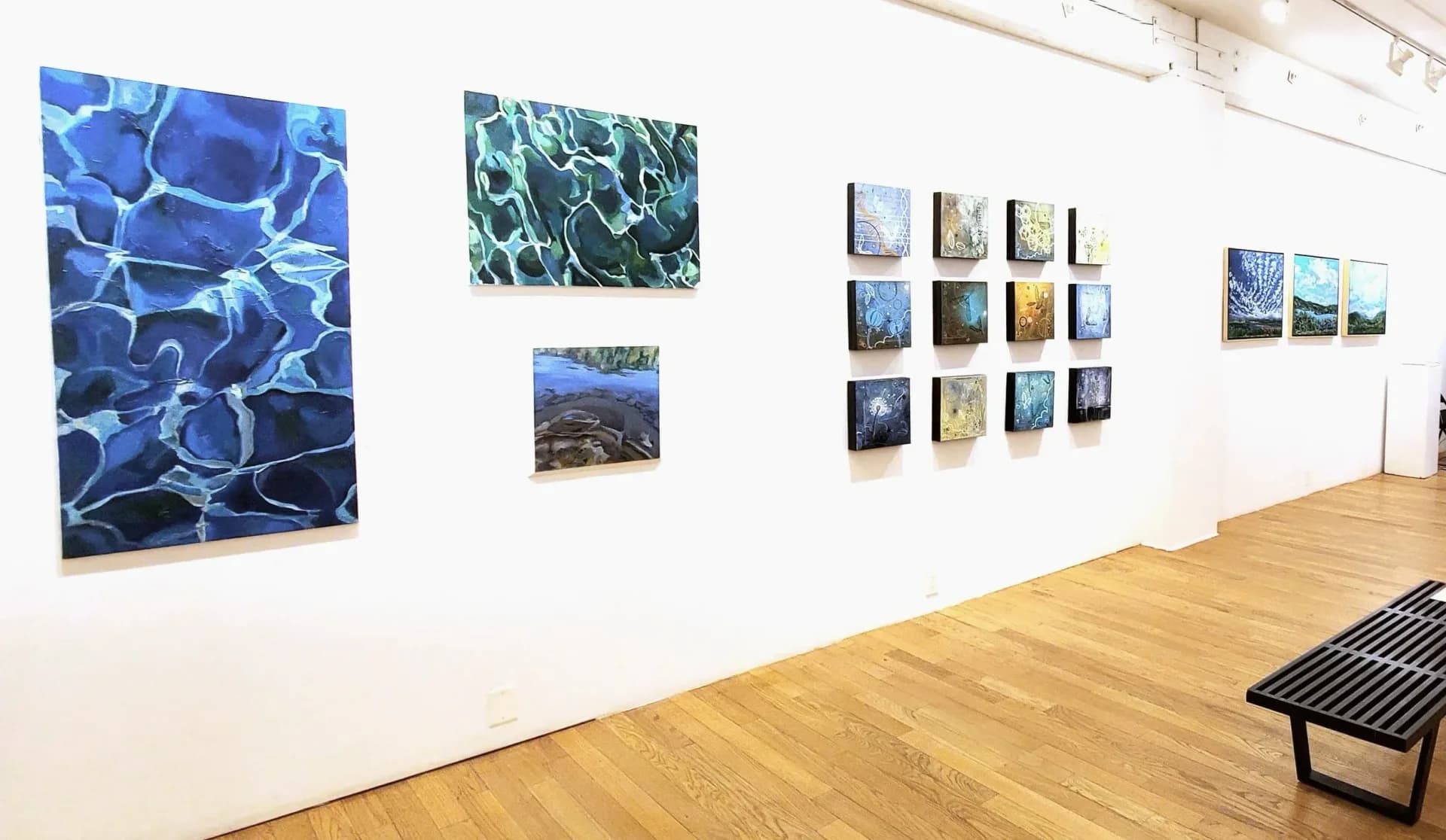 Interior of Pleiades Gallery in Chelsea showing white walls with multiple framed artworks in blues and greens, wooden flooring, and a bench.