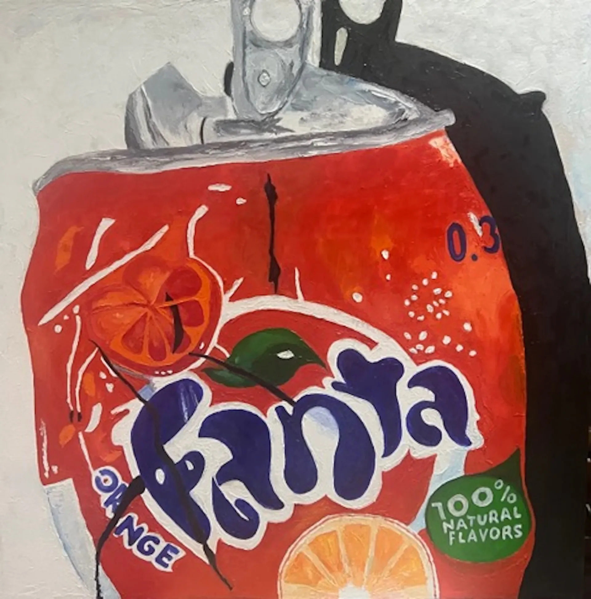 Painted or drawn juice drink pouch with red-orange gradient, Thai script, and orange slice imagery; mixed-media work with metallic details.
