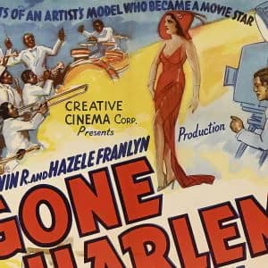 Vintage movie poster for 'Gone with the Starlet' from Creative Cinema, featuring illustrated figures and golden tones in classic Hollywood style.