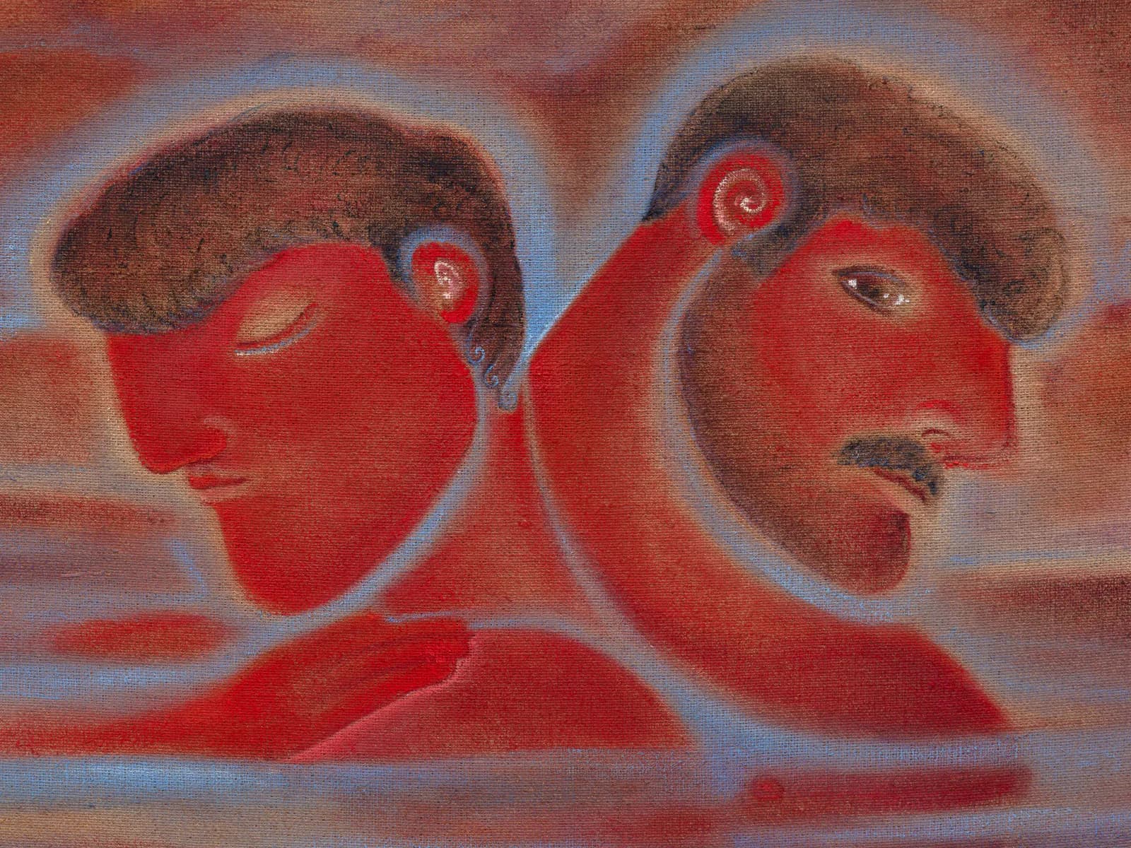Painting of two red profile heads facing opposite directions against a blue-gray background, surrealist composition with curved decorative elements.