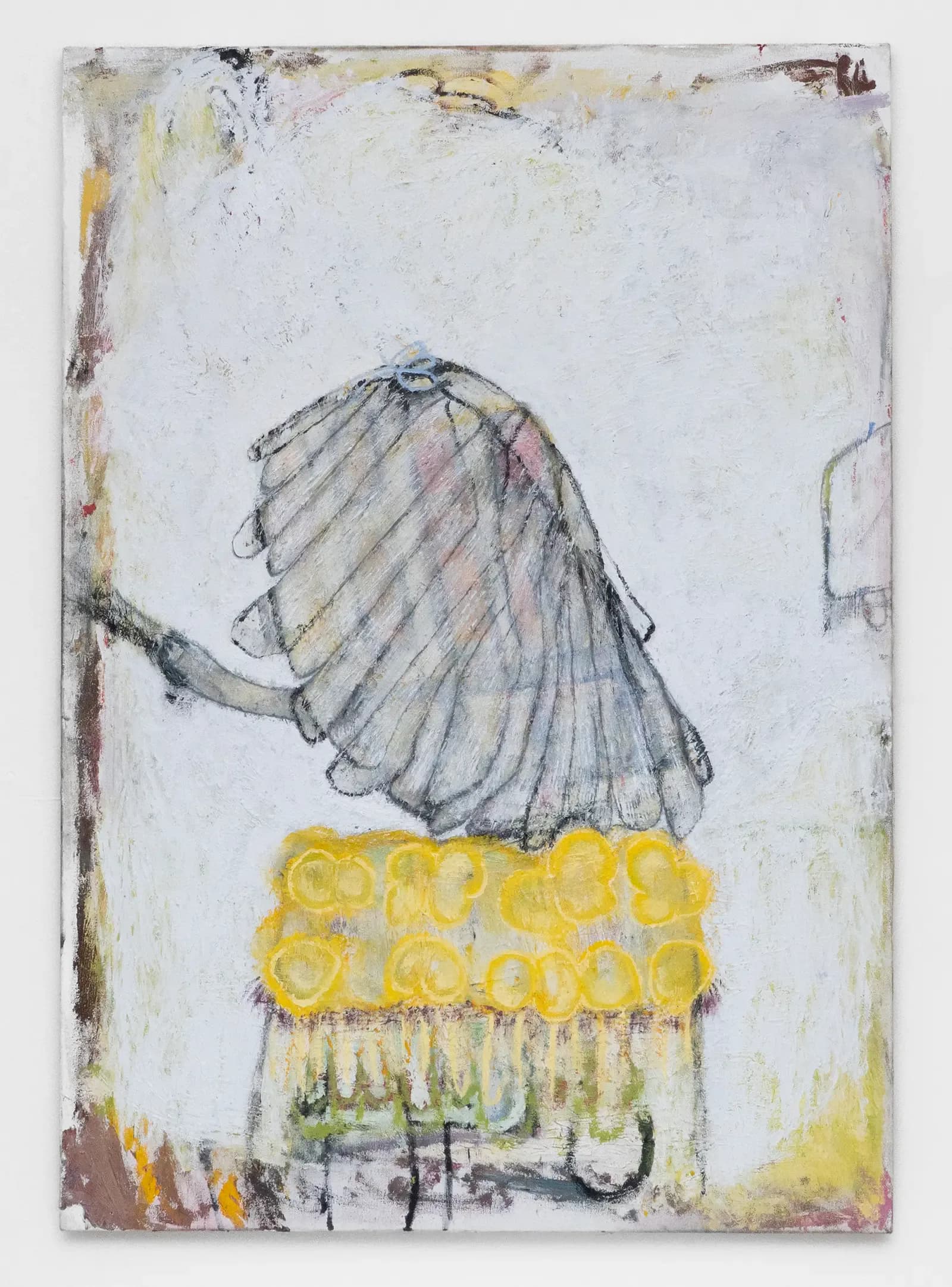 Mixed-media work on paper: delicate ink drawing of translucent shell-like form above bright yellow geometric pattern with dripping paint effects.