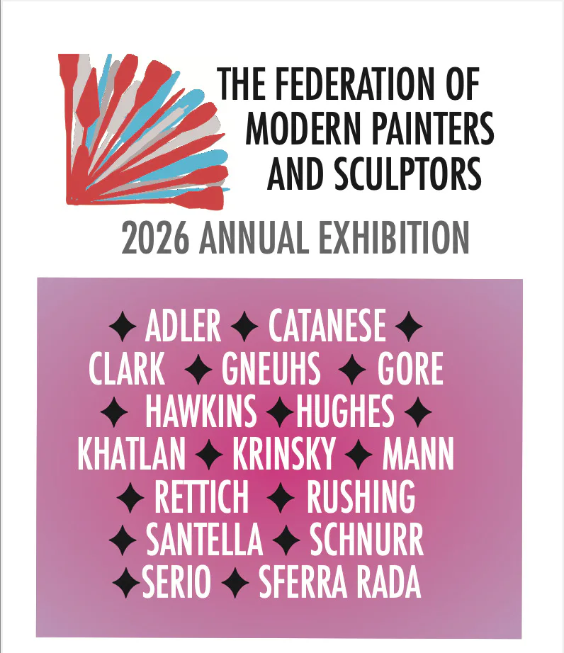 The Federation of Modern Painters and Sculptors 2026 Annual Exhibition poster with red and blue fan graphic and list of 20 selected artist names on purple background.