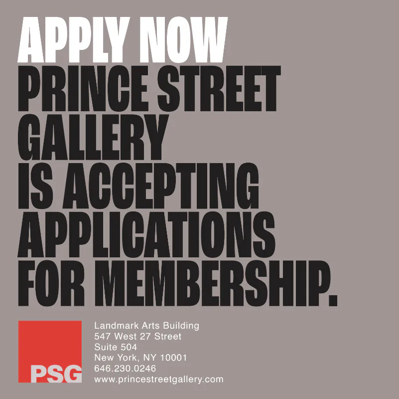 Prince Street Gallery membership application announcement on gray background with bold black typography and gallery contact details.