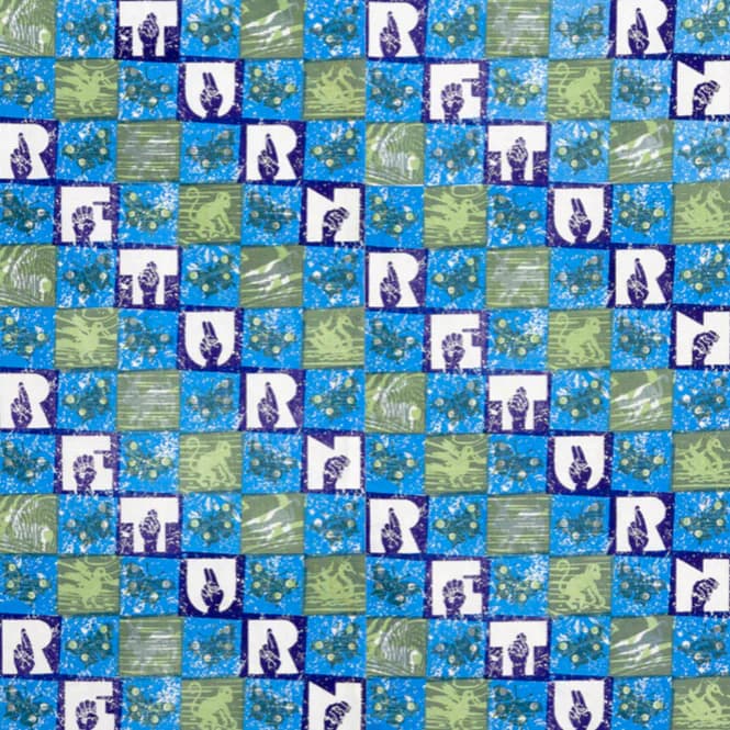 Patchwork textile with repeating grid pattern combining blue floral, green botanical, and white blocks featuring purple silhouette motifs, fabric collage or quilt design.