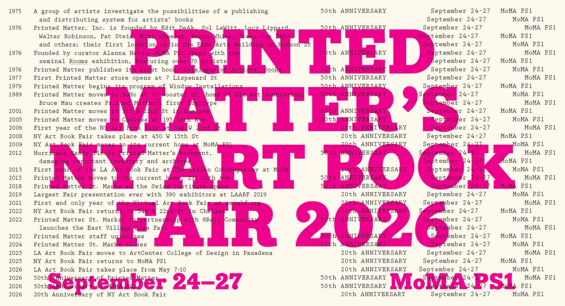 Magenta text announcing "Printed Matter's NY Art Book Fair 2026" September 24-27 at MoMA PS1, overlaid on a beige background with small printed text.