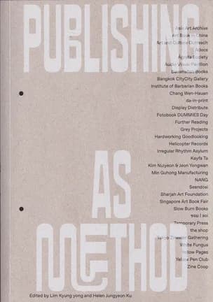 White text reading "Publishing as Method" on tan background with list of participating galleries and institutions, designed as a publication cover or poster.