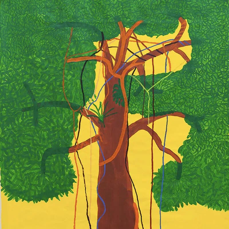 Stylized illustration of a dead or bare tree with brown trunk and red branches against a green and yellow landscape.