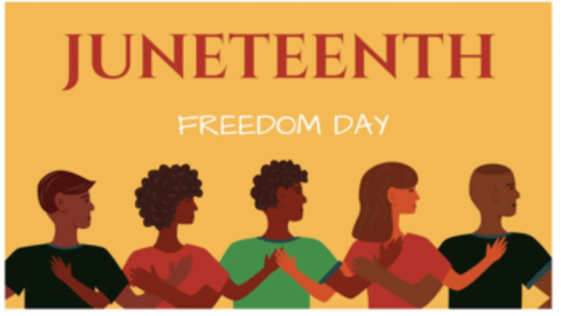 Illustration of five diverse figures with raised arms against a golden background, with red and green accents; text reads 'Juneteenth Freedom Day'.
