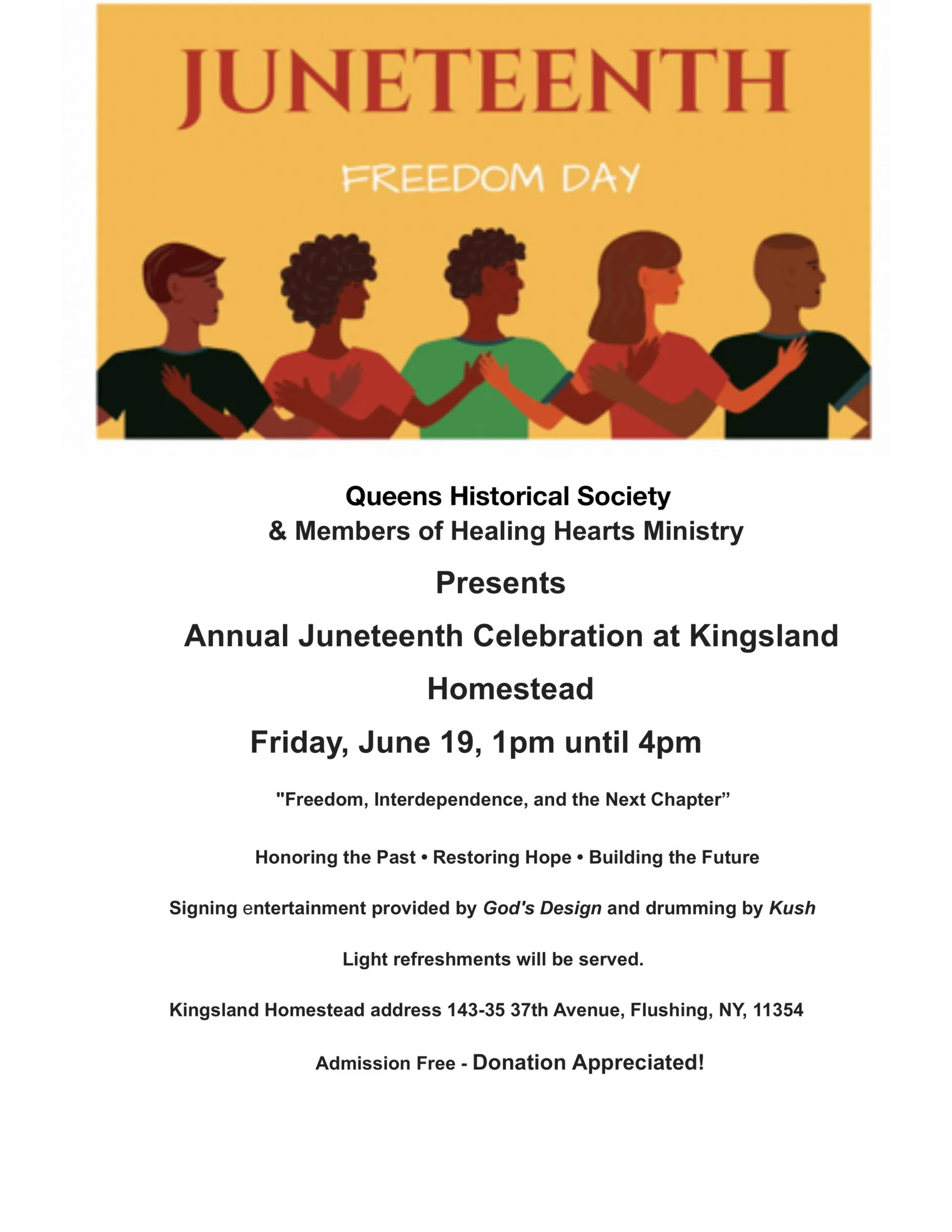Event flyer featuring Juneteenth illustration and details for Queens Historical Society's annual Juneteenth Celebration at Kingsland Homestead on June 19.